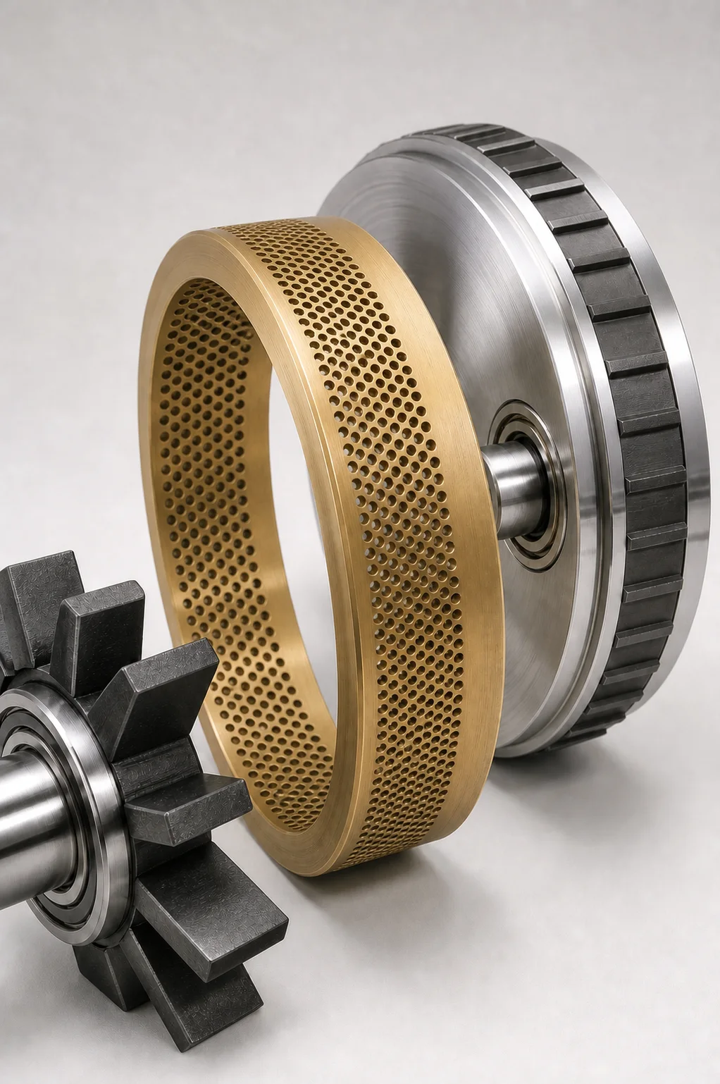 Yulong pellet mill ring die with through holes, rollers, bearings and hammer mill blades